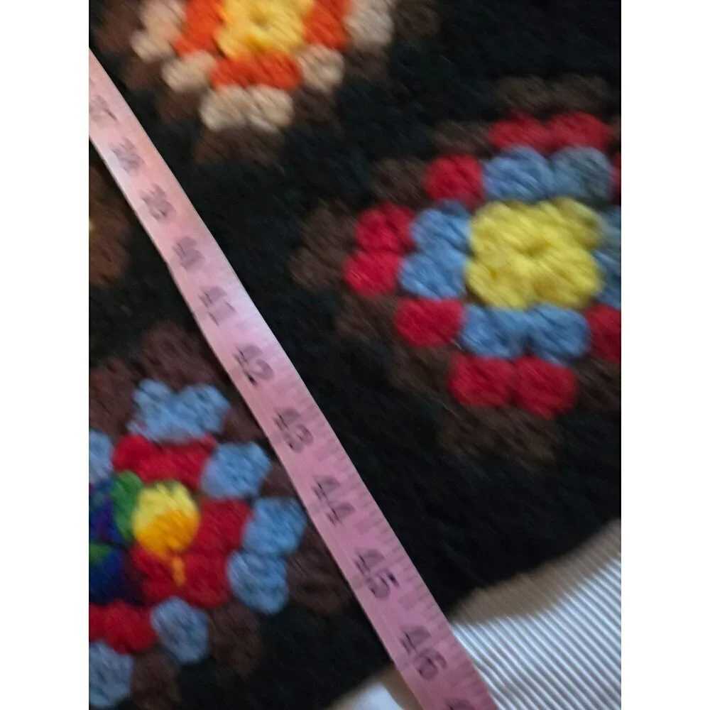 Vintage 1970s Handmade Grannysquare Colorful Hippie Throw Blanket Black